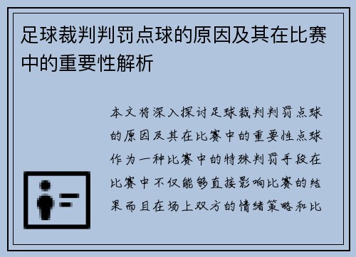 足球裁判判罚点球的原因及其在比赛中的重要性解析