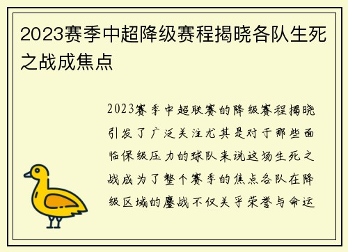 2023赛季中超降级赛程揭晓各队生死之战成焦点