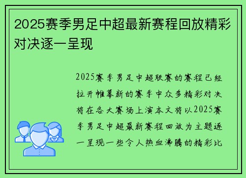 2025赛季男足中超最新赛程回放精彩对决逐一呈现