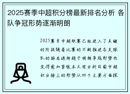 2025赛季中超积分榜最新排名分析 各队争冠形势逐渐明朗